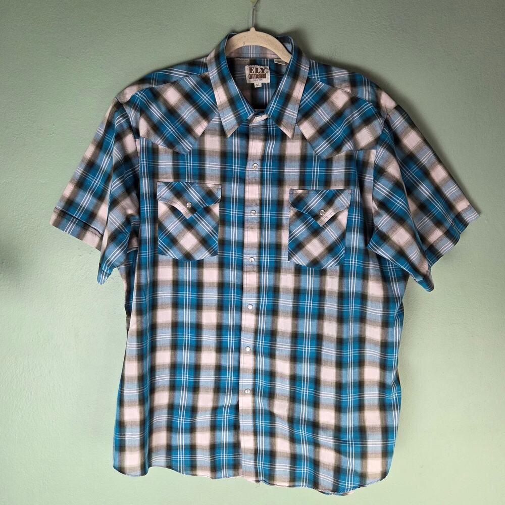 Ely Cattleman Mens XL Multicolor Plaid Pearl Snap Western Short Sleeve Shirt